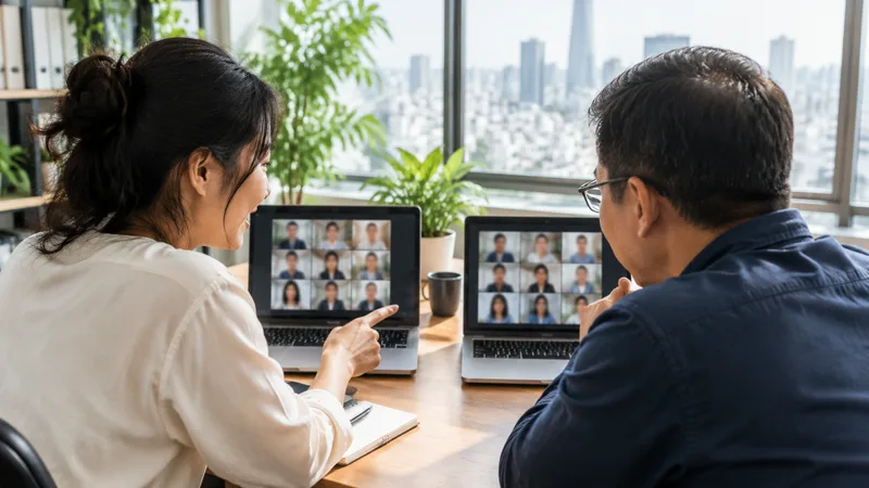 Two coworkers comparing Google Meet and Zoom video call grids on side-by-side laptops
