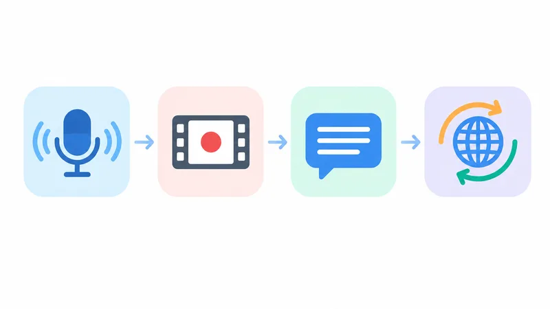 Icon flow showing microphone audio, meeting recording, captions and translation features compared across Google Meet and Zoom