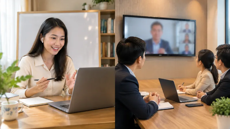 Teacher running an online class on a laptop next to a sales team on a client video call, two common uses of Google Meet and Zoom