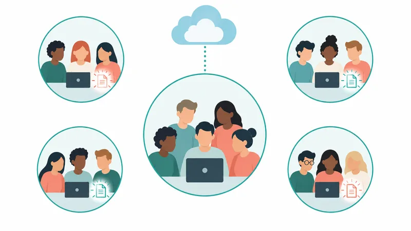 Diagram of a main meeting group linked to a cloud, surrounded by four smaller breakout groups that each have their own laptop and document icon