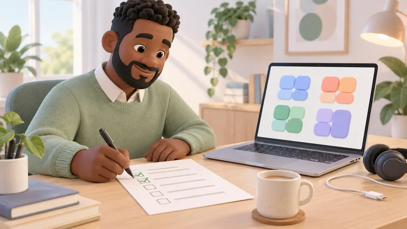 Facilitator ticking boxes on a paper checklist next to a laptop showing four colored groups of tiles
