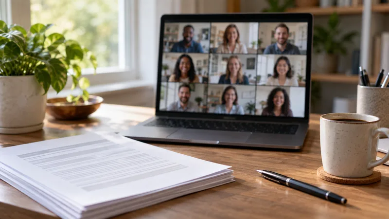 Laptop showing a video meeting grid on a wooden desk, with a stack of printed transcript pages, a pen and a cup of coffee in front