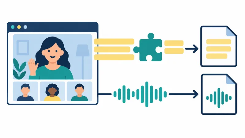 Flat diagram of a browser video call with two routes: caption lines passing through a puzzle-piece extension into a text file, and a sound wave going into an audio-based file