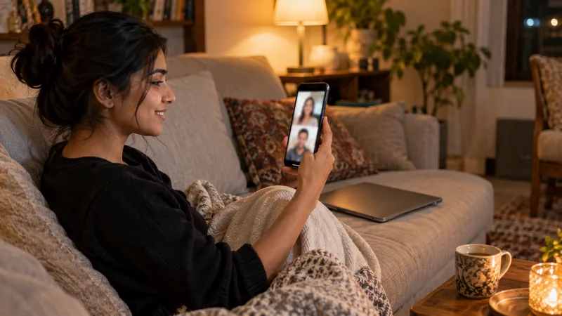 Woman on a sofa in the evening on a video call on her smartphone, with a closed laptop beside her