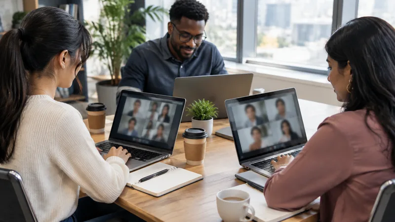 Ba người ngồi quanh bàn làm việc, mỗi người dùng một laptop đang mở cuộc họp video với nhiều người tham gia