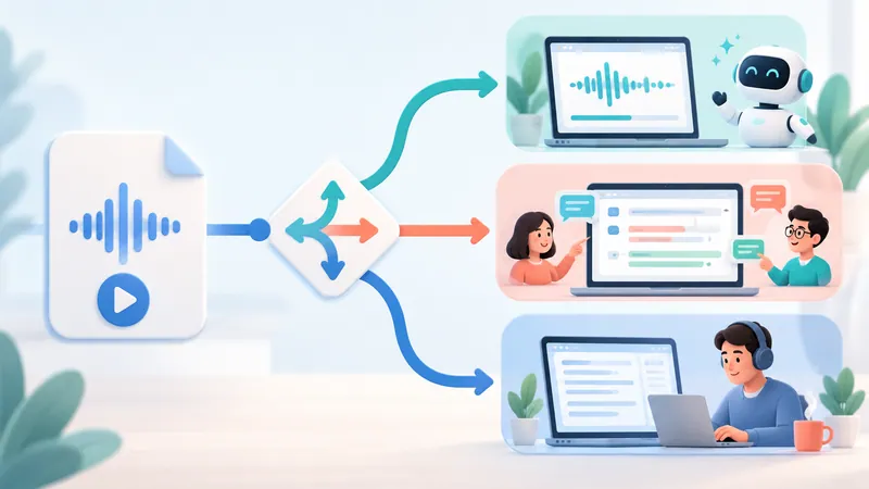 Audio file routed to three transcription paths: automatic AI transcription, collaborative editing and human transcription