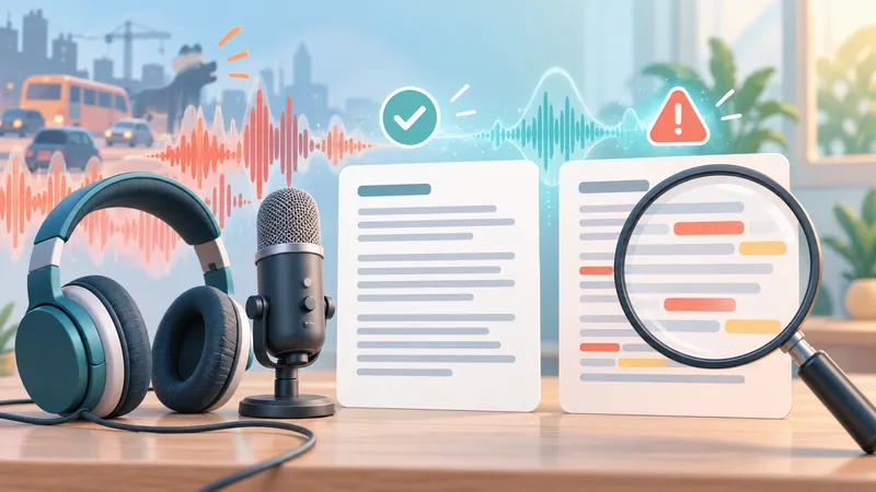 Headphones and microphone beside a clean transcript and an error-marked transcript caused by background noise