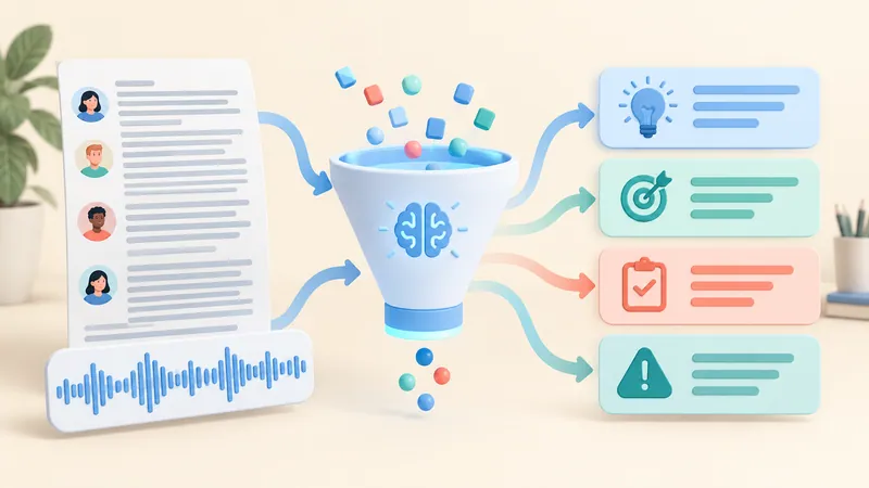 AI transcript summarizer condensing a long speaker-labeled transcript into key ideas, goals, tasks, and risks
