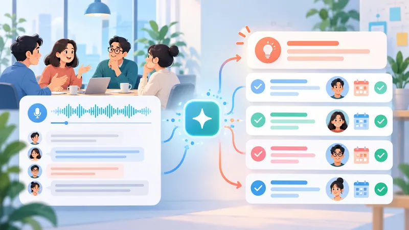Meeting transcript converted by AI into a summary and action items with owners and due dates