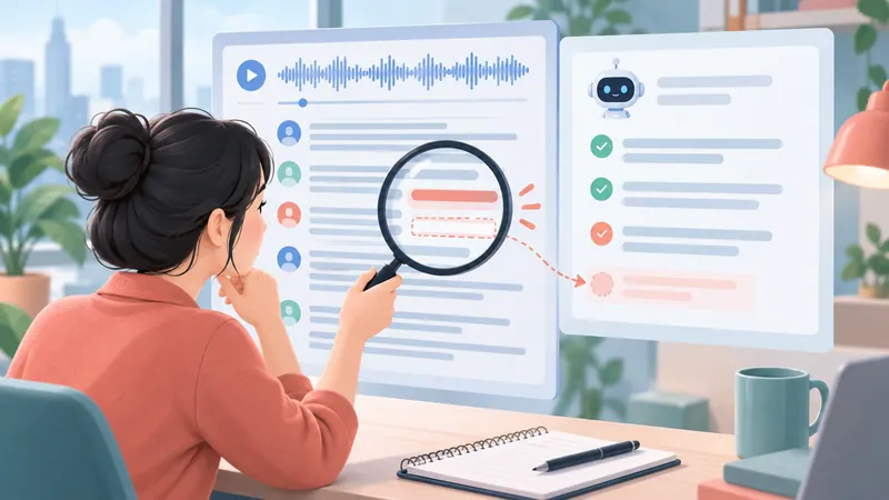 Reviewer using a magnifying glass to check an AI summary against the original transcript and audio