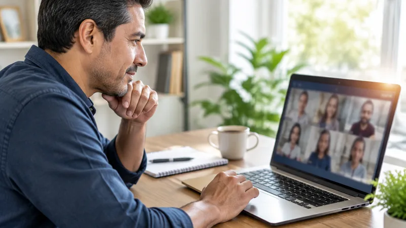 Man at a laptop in a home office reaching for the touchpad during a video call, with a small soft glow at the top corner of the blurred call screen