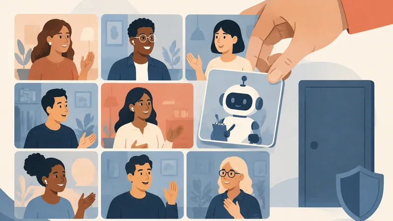 Illustration of a video meeting grid where a host's hand gently lifts a small robot tile holding a notepad out of the grid while colleagues keep talking