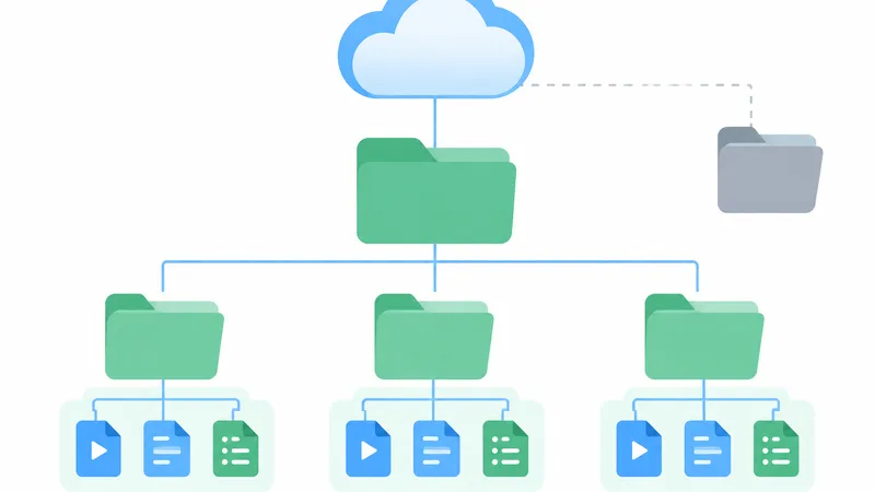 Diagram of a cloud drive with one main folder branching into separate meeting folders, each holding a video file, a document and a notes page