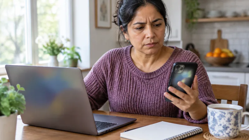 Woman at a kitchen table comparing a laptop and a smartphone while searching for a missing file, with a notebook beside her