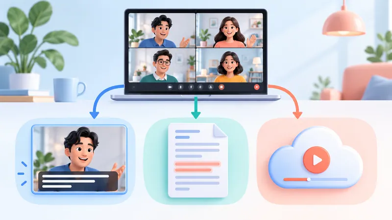 Zoom meeting splitting into three outputs: live captions, a meeting transcript document and a cloud recording