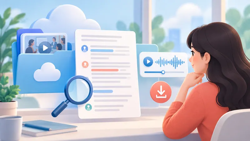 Person searching a Zoom cloud recording transcript and downloading the transcript file