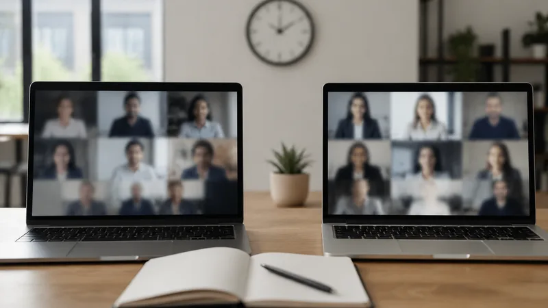 Two laptops side by side on a desk, each showing a grid of video call participants, with an open notebook in front and a wall clock behind