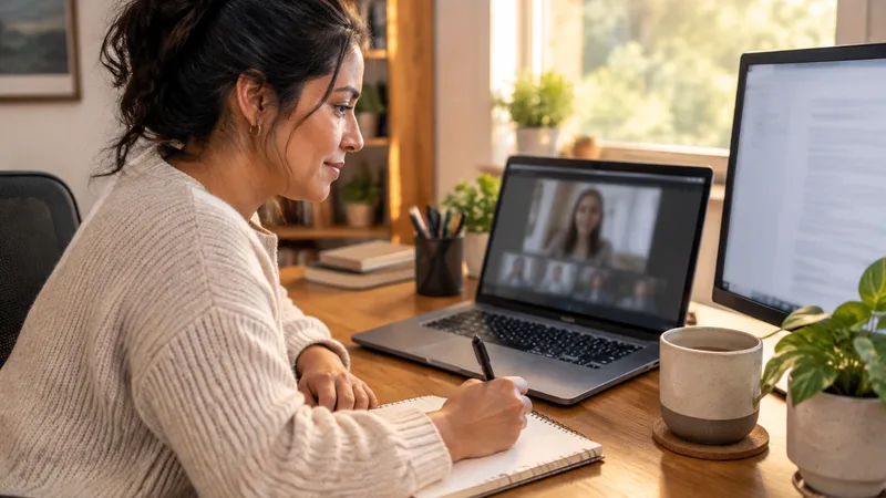 Woman taking handwritten notes during a video meeting on her laptop at a sunny home desk, with a second monitor beside it